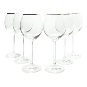 1990s Vintage Set of 6 Gold Rim Wine Glasses 8 1/2” 12oz Contemporary Minimalist